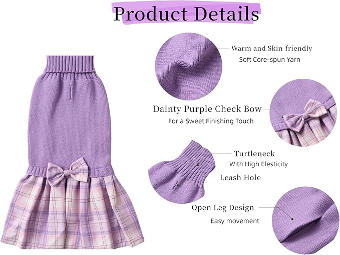 Purple Knitted Dog Sweater Dress, Pink Plaid Dog Winter Clothes Dresses for Small Dogs Girl, Maltese Cat Apparel, X-Small (XS)