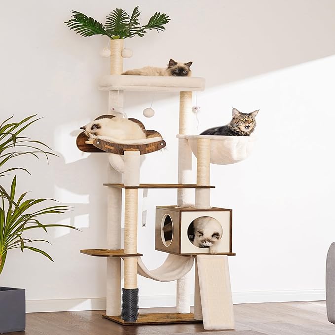 Heybly Wood Cat Tree for Indoor Cats, Cat Condo for Large Cats with Self Groomer, Modern Cat Scratching Tower with Basket, Hammock, Dangling Ball and Leaves, Rustic Brown HCT120SR