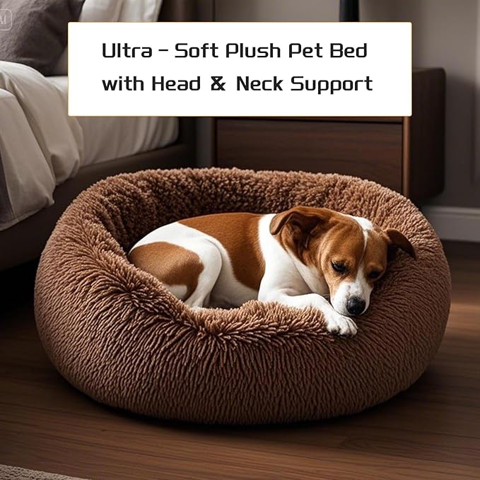 Comfort Donut Dog Bed - Ultra-Soft Pet Bed with Neck Support, 3 Sizes (Machine Washable) for Small/Medium/Large Dogs & Cats