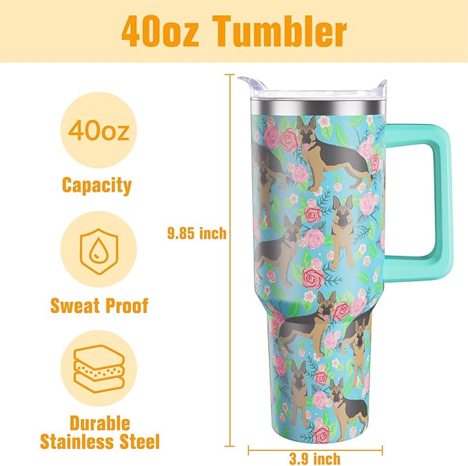German Shepherd Gifts for Women Dog Lovers 40 oz Floral German Shepherd Tumblers with Handle and Straw, Stainless Steel Vacuum Insulated Travel Coffee Mug Cup Water Bottle