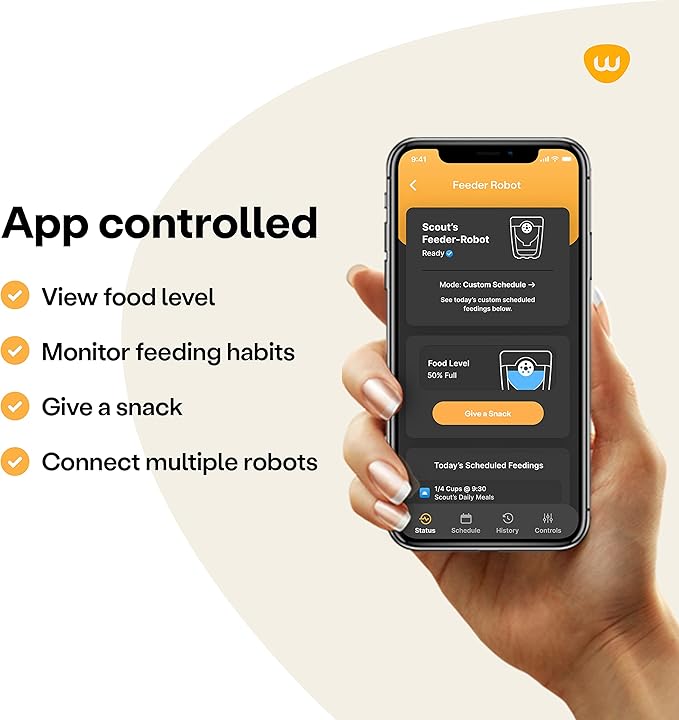 Feeder-Robot by Whisker, Black with Smoke-Grey Hopper; Includes Backup Battery; Smart, Automatic Pet Feeder, Feed Your Cat or Dog from Anywhere, Designed & Assembled in USA
