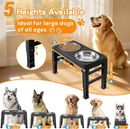 Elevated Dog Bowl Stand for Large Dogs - 2 Extra Large 10” Stainless Steel Bowls, 5 Adjustable Heights(7.5"-15.4"), Foldable Non-Slip & Durable, Portable Heavy Duty Travel Dog Feeder, Black