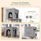 Globlazer Cat Tower for Indoor Cats, 52in Multi-Level Heavy Duty Cat Tower with 4 Scratching Posts, Ladder, Sturdy Cat Tree with 3 Cat Condos for Adult Cats Kittens, Hanging Basket, F52B, Light Grey