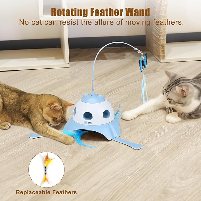 3-in-1 Automatic Cat Toys for Indoor Cats, Fluttering Butterfly, Whack a Mole, Rotating Feather Wand, USB Rechargeable Interactive Feather Toys for Multi-cat Family (Blue)