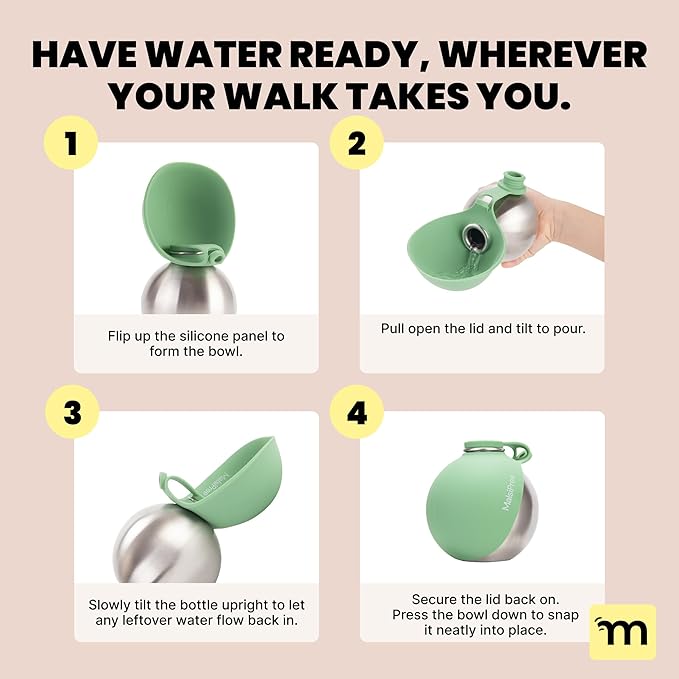 Malsipree 2-in-1 Portable Dog Water Bottle & Bowl for Small Dogs - Leak Proof & Insulating - Travel Water Dispenser - Stainless Steel Bottle & Silicone Bowl - Walking & Hiking (10 fl oz, Sage)