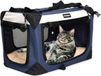 Large Cat Carrier, Collapsible Dog Travel Crate Portable Soft-Sided Pet Carrier with Super Soft Warm Plush Mat for Indoor and Outdoor 20x14x14in,Navy Blue