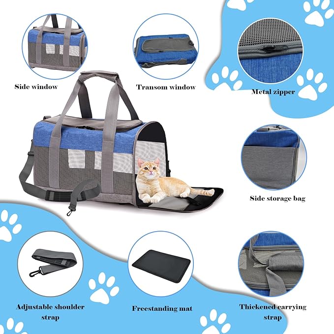 Soft Sided Pet Carrier for Cat,Airline Approved Cat Carriers Collapsible Portable Kitten Travel Crate Breathable Ventilated Grey Blue Puppy Carrying Bag Under to 12 Lb