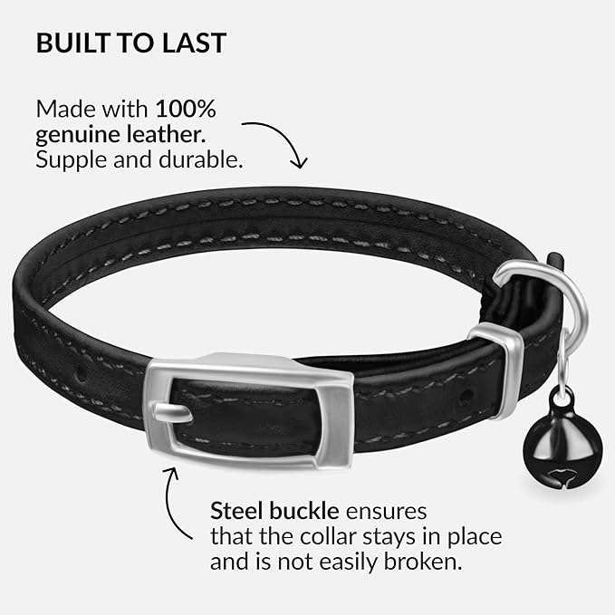 CollarDirect Leather Cat Collar with Bell - Kitten Small and Big Cat Collar for Boy Cats, Girl Cats with Safety Elastic Strap (Neck Fit 6"-7", Black)