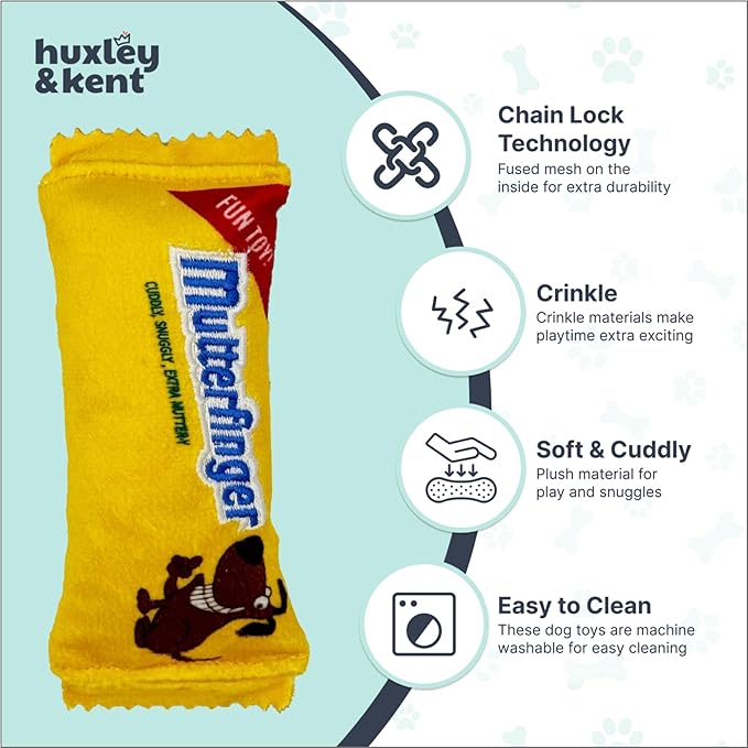 Huxley & Kent Funny Dog Toy w/Squeaker – Power Plush Squeaky Dog Toys for Small Dogs – Durable Small Stuffed Animal for Indoor Play & Fetch - Tiny Tuff Mutterfinger