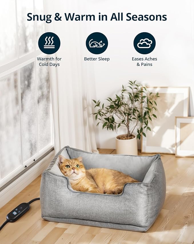 Heated Cat Bed Indoor, Heated Pet Bed with Adjustable Temperature & Timer, Pet Heating Pad for Kittens, Puppies, Dogs, Cats in Winter, UL & FCC Certified