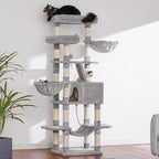 Heybly Cat Tree, 68 inch Multi-Level Cat Tower for Indoor Cats, 2 Widened Plush Perches Cat Condo with Scratching Board and Big Caves, Light Gray HCT025W