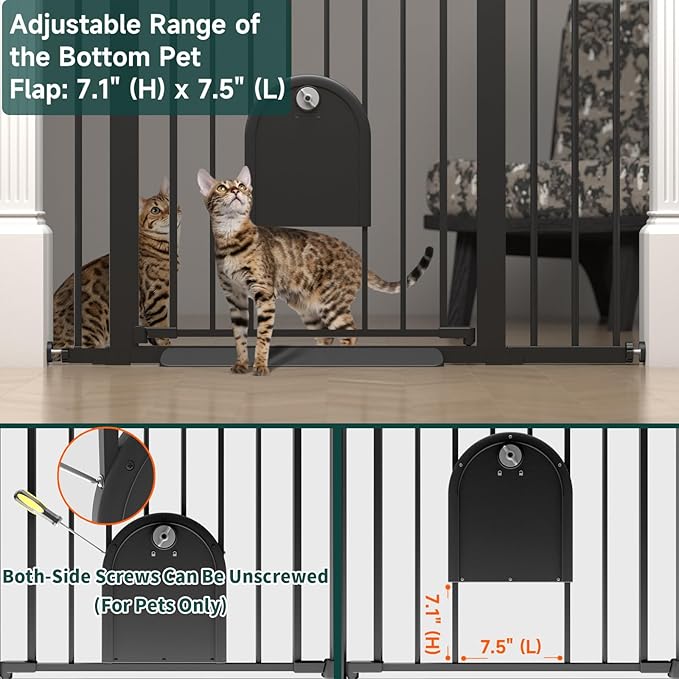 29.5"-40.5" Baby Gate with Cat Door for Stairs & Doorways - No Drilling, Easy Install 30.5" Tall, Auto-Close Metal Gate, Pressure Mounted - Indoor Gate for Cats and Pets, Black