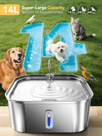 Large Dog Water Fountain 14L/3.7Gal, Stainless Steel Pet Fountain for Large Dogs and Multi-Pets Families, with Visible Window & Extra Wide Drinking Area, Square Design Enlarges Capacity & Saves Space