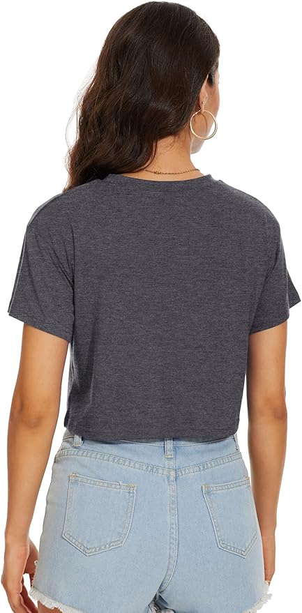 Womens Summer Crop Tops Short Sleeve Round Neck T-Shirts Loose Fit Casual Blouse