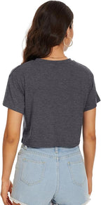 Womens Summer Crop Tops Short Sleeve Round Neck T-Shirts Loose Fit Casual Blouse