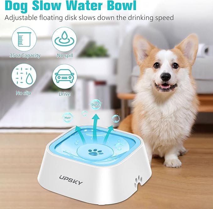 UPSKY No-Slip Slow Drinking Bowl - 35oz No Spill Pet Water Dispenser for Dogs and Cats