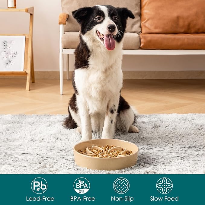 vancasso Ceramic Slow Feeder Dog Bowls, Puzzle Dog Food Bowls with Floral Maze, Anti -Slip Pet Food Dish for Large Breed, 3 Cups, Brown