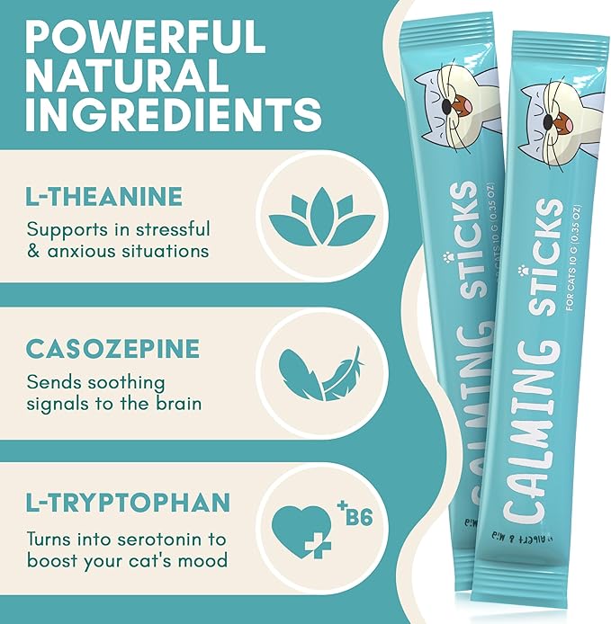 ALBERT & MIA Lickable Cat Calming Treats - Stress & Anxiety Relief for Indoor Cats - Tasty & Vet Calming Treats for Cats & Kittens (Calm Care for Grooming, Car Rides, Travel and Sleep Aid) 20 Pack