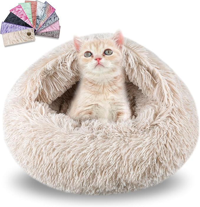 Calming Dog Beds & Cat Cave Bed with Hooded Cover,Washable Round Beds for Small Medium Pets,Anti-Slip Faux Fur Fluffy Coved Bed,Comfortable Warming Pet Bed(20 * 20inch,Beige)