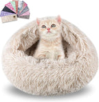 Calming Dog Beds & Cat Cave Bed with Hooded Cover,Washable Round Beds for Small Medium Pets,Anti-Slip Faux Fur Fluffy Coved Bed,Comfortable Warming Pet Bed(24 * 24inch,Beige)
