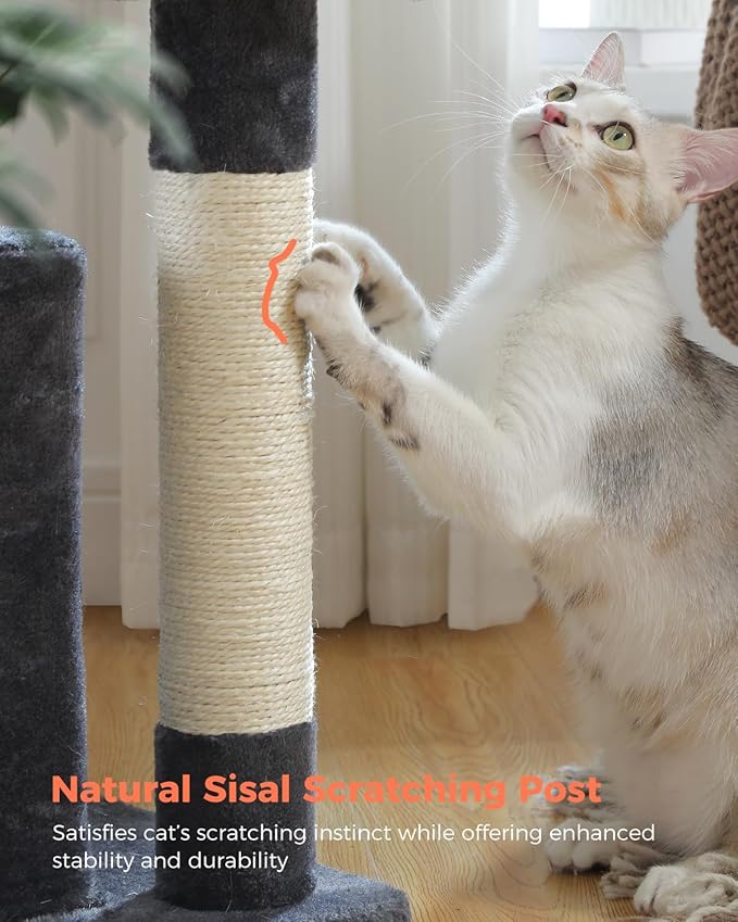 XL Cat Tower 44" Cat Tree for Large Cats 20 lbs+, 2 Spacious Condos with 3.4" Thickened Scratching Post, Large Top Perch, 2 Interactive Toys, Dark Grey