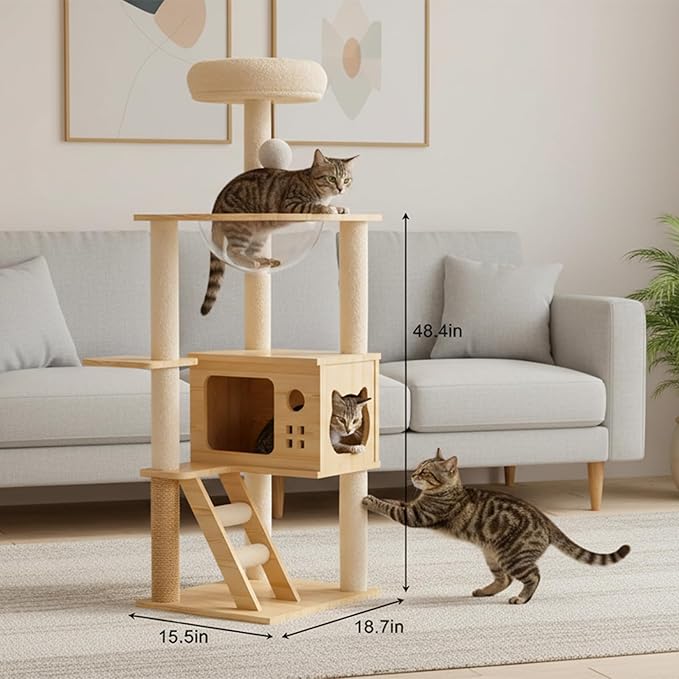 48.8" Cat Scratching Post, Tall Wood Cat Tree with Sisal-Covered Scratching Tower, Stable Cat Scratch Post for Indoor Cats, Modern Cat Tower with Top Perch & Acrylic Hammock for Small & Large Cats
