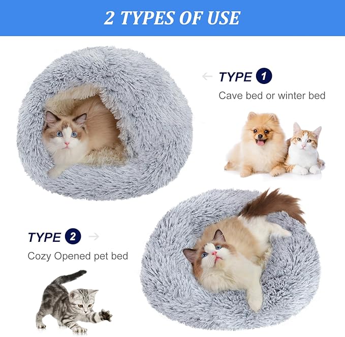 Cat Cave Beds for Indoor Cats, Round Fluffy Calming Cat Bed with Hooded Cover, Donut Calming Cozy Pet Bed for Anxiety Cats and Puppies - Dia 20"