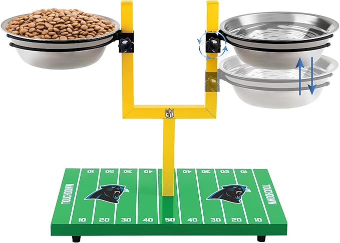 NFL Carolina Panthers Goalpost Football Field Dog Feeder – Adjustable Elevated Dog Bowls with Stand, 2 Stainless Steel Bowls, Non-Slip Rubber Feet, Raised Pet Feeder for Large & Small Dogs, Cats.