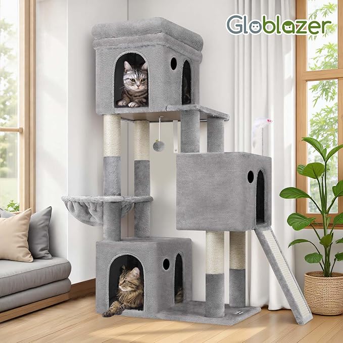 Globlazer Cat Tower for Indoor Cats, 52in Multi-Level Heavy Duty Cat Tower with 4 Scratching Posts, Ladder, Sturdy Cat Tree with 3 Cat Condos for Adult Cats Kittens, Hanging Basket, F52B, Light Grey