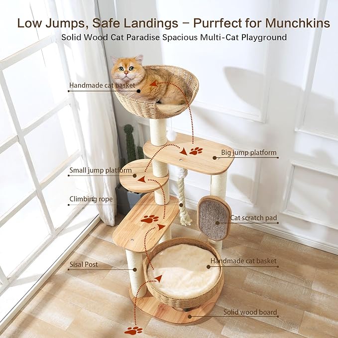 Wooden Cat Tree for Large Cat, 49.6-Inch Tall Cat Tower with Scratching Post for Indoor Cats, Multi-Level Cat Condo with Hand-Woven Cat Bed and Scratching Board Easy to Clean
