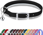 OOPSDOGGY Rolled Leather Cat Collar with Bell, Reflective Kitten Collars with Buckle Include Safety Elastic Strap - Adjustable Small Pet Collars for Boy Girl Cats (Black)