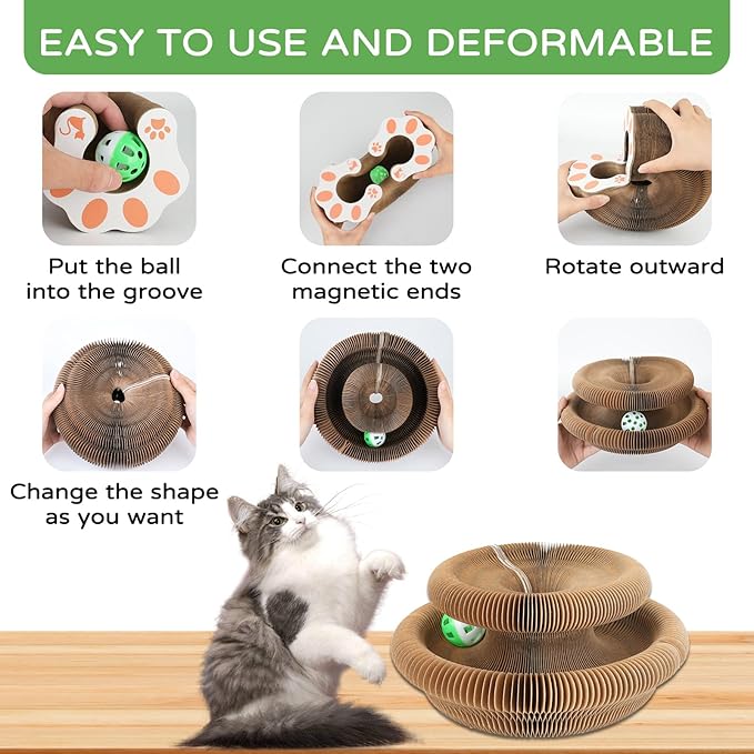 Kitty Kurlz Accordion Magic Organ Cat Scratcher Toys for Indoor Cats - Cardboard Cat Scratching Board Ball Scratcher Pad 3 Pack