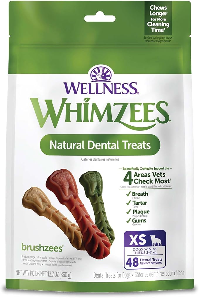 Wellness WHIMZEES Brushzees Dog Dental Treats, Natural Chews, Extra Small Size Stick, (48 Count)