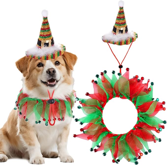 2Pcs Dog Shiny Christmas Hat and Tutu Collar Set, Pet Cats & Small Dogs Christmas Outfit Costume for Xmas Holiday Birthday Party
