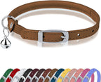 OOPSDOGGY Rolled Leather Cat Collar with Bell, Reflective Kitten Collars with Buckle Include Safety Elastic Strap - Adjustable Small Pet Collars for Boy Girl Cats (Beige)
