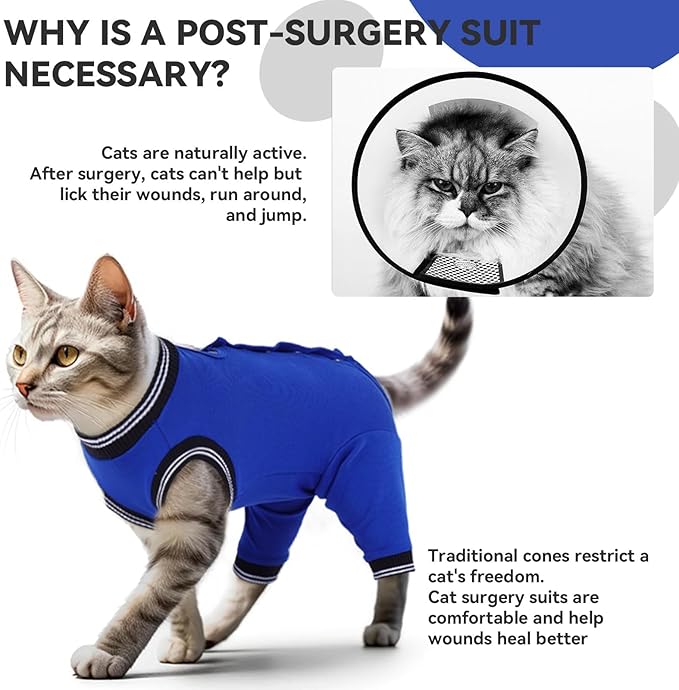 T'CHAQUE Cat Clothes Surgery Recovery Suit for Female Male, Cat Onesie Pet Surgical Pajamas Hind Legs Long Sleeve, Abdominal Wound Skin Diseases, E-Collar Alternative, Spay Recovery Suit, RoyalBlue-S
