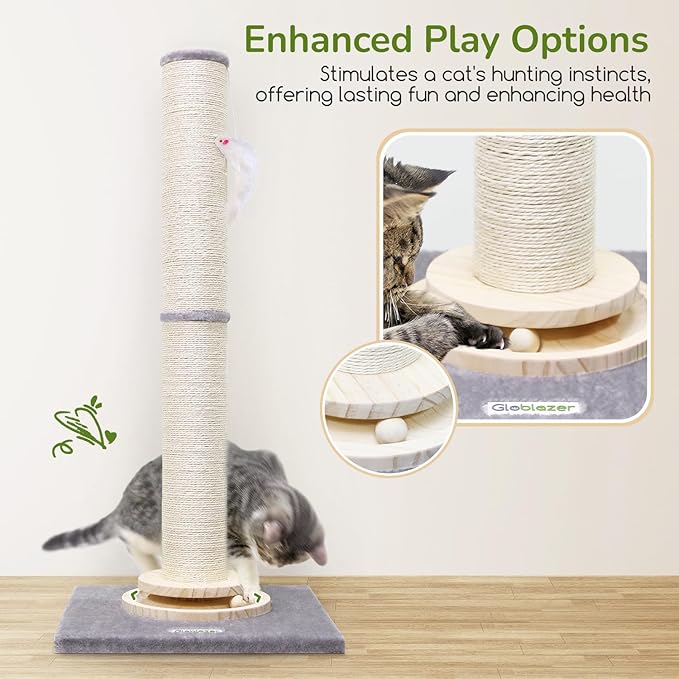 Globlazer Extra Thick Large Scratching Post for Indoor Cats Adults and Kittens, 35in Tall Natural Sisal Rope Scratcher Post, Large Cat Scratcher with Ball Interactive Toy, SC35, Light Grey