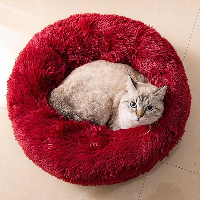 Cat Beds for Indoor Cats - Cat Bed Washable 24 inches, Dog Beds for Small Medium Dogs, Anti Anxiety Round Fluffy Plush Faux Fur Cat Bed, Thick Bottom (Red, Large)