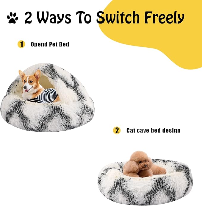 Round Hooded Cat Bed & Dog Bed with Cover Cave, Dog Bed for Small Dogs, Faux Fur Cuddler Round Coved Cat Bed Self Warming Donut Dog Bed Fits up to 12 lbs Pets (Grey White, 20inch x 20inch)