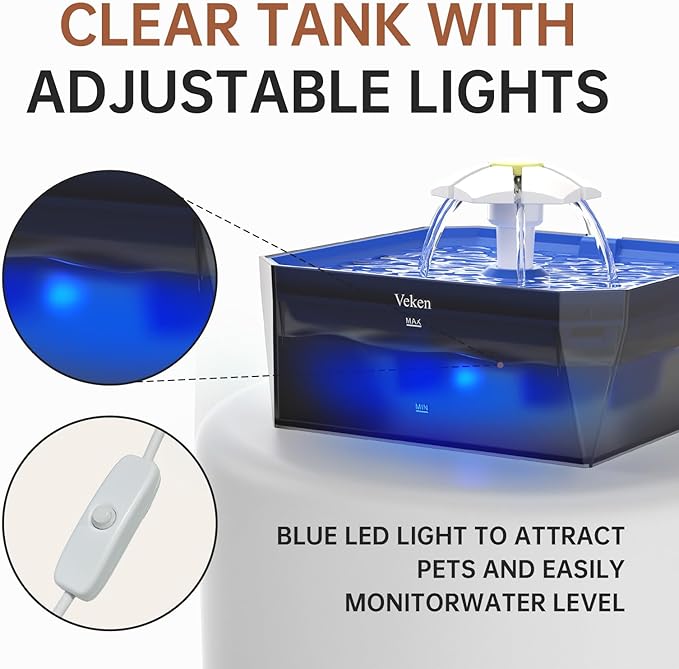 Veken Small Pet-Friendly Cat Water Fountain with Quiet Pump, Easy to Clean & Assemble, 50oz Mini Pet Water Water Dispenser with 4 Replacement Filters & 4 Pre-Filter Sponges, Blue