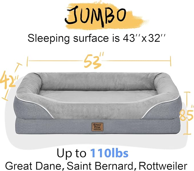 Washable Orthopedic Large Dog Bed - Removable Waterproof Cover with Bolster Extra Large Dog Bed Foam Support XL Large Big Pet Dogs Beds
