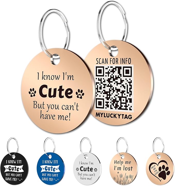 MYLUCKYTAG QR Code Stainless Steel Pet ID Tag - Personalized Online Profile, Location Alert Email, Digital ID, Durable Dog Collar Tag, Engraved