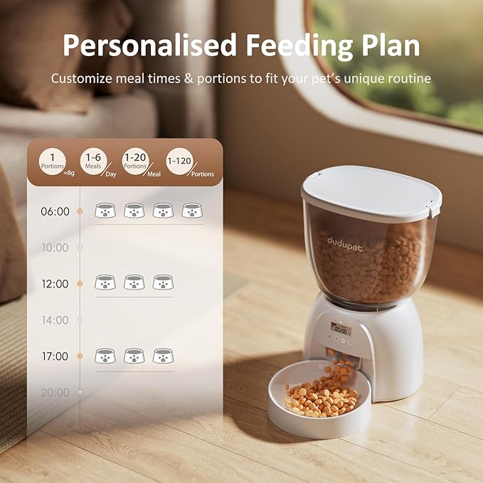 5L Automatic Cat Feeder, Timed Cat Food Dispenser, Automatic Pet Feeders Up to 6 Meal 1-20 Portion, Dual Power Supply Cats Feeder, Pet Dry Food Dispenser for Cats and Small Dogs