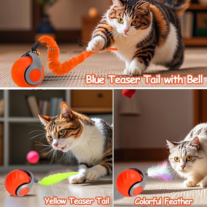 2PCS Interactive Cat Toy Ball with Feather Tails - Speedy Cat Toys for Indoor Cats, Moving Stimulation Smart Cat Toy for Enrichment, Motion Activated Automatic Rolling Toys to Keep Them Busy Orange