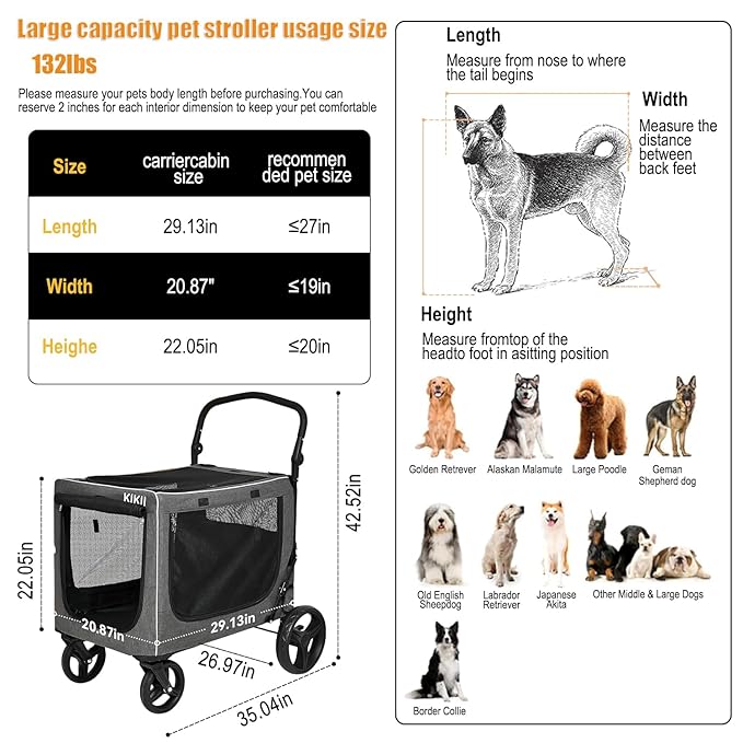 KIKII Extra Large Dog Stroller for Large & Medium Dogs, Adjustable Handlebar and Brakes, 4 Wheels, Reflective, Lightweight Folding, Breathable Mesh, 132 lbs Capacity, for Travel Walking Outdoor