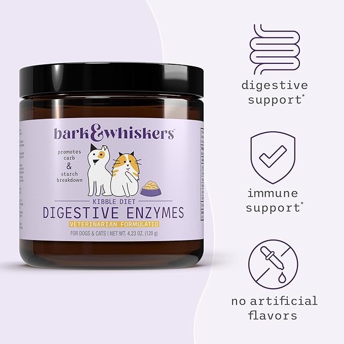 Bark & Whiskers Digestive Enzymes - Supports Kibble Digestion - Veterinarian Formulated - for Dogs & Cats - Non-GMO - 4.23 oz (120 g) - 150 Scoops