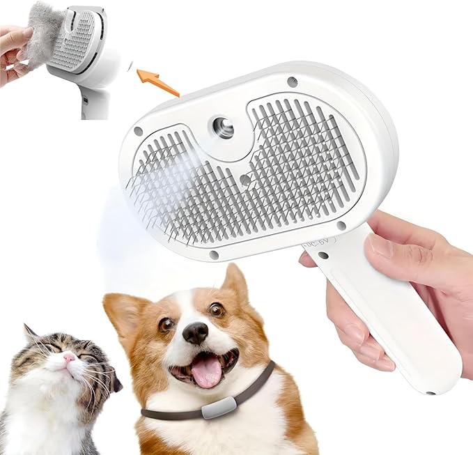 3-in-1 Cat Steam Brush – Pet Grooming & Shedding Comb with Gentle Steam Spray, One-Click Hair Release, Steam Pet Brush for Long & Short Hair Cats & Dogs (White)