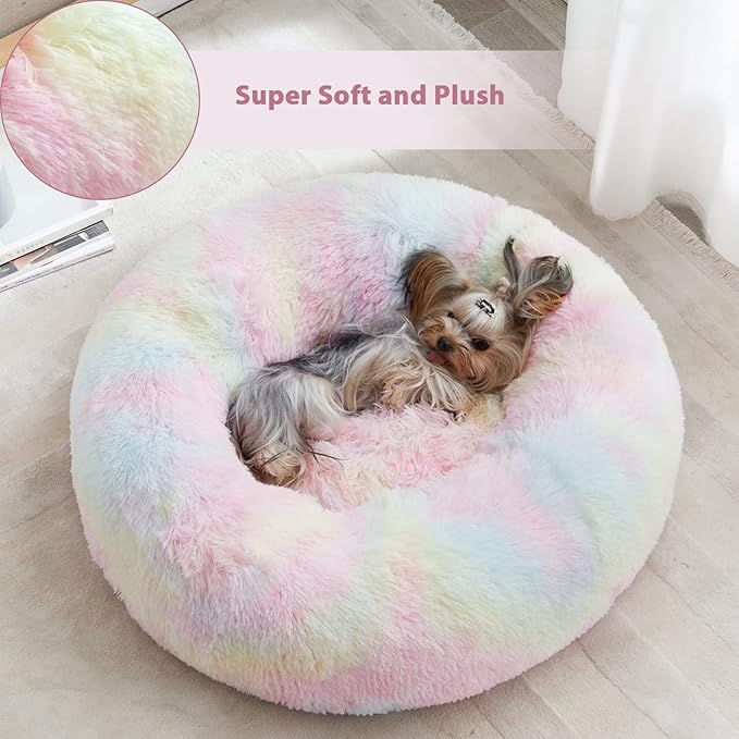 WNPETHOME Calming Dog Bed Cat Bed Donut, Faux Fur Pet Bed Self-Warming Donut Cuddler, Comfortable Round Plush Dog Beds (27 x 27 x 8 Inch, Rainbow)