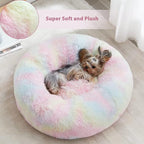 WNPETHOME Calming Dog Bed Cat Bed Donut, Faux Fur Pet Bed Self-Warming Donut Cuddler, Comfortable Round Plush Dog Beds (24 x 24 x 8 Inch, Rainbow)