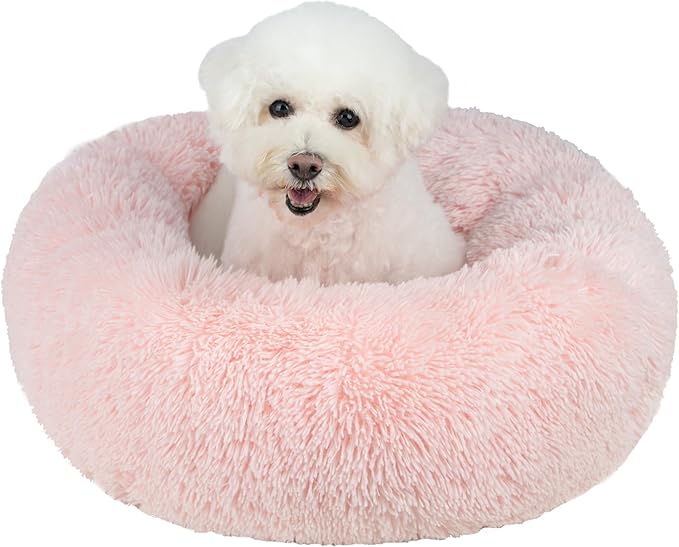 Best Pet Supplies Round Donut Dog Bed with Plush Faux Fur Fabric, Calming, Anti-Anxiety Cushion for Indoor Pets, Slip-Resistant Base, Soft Ergonomic Support - Pink, 27x27x7.5''